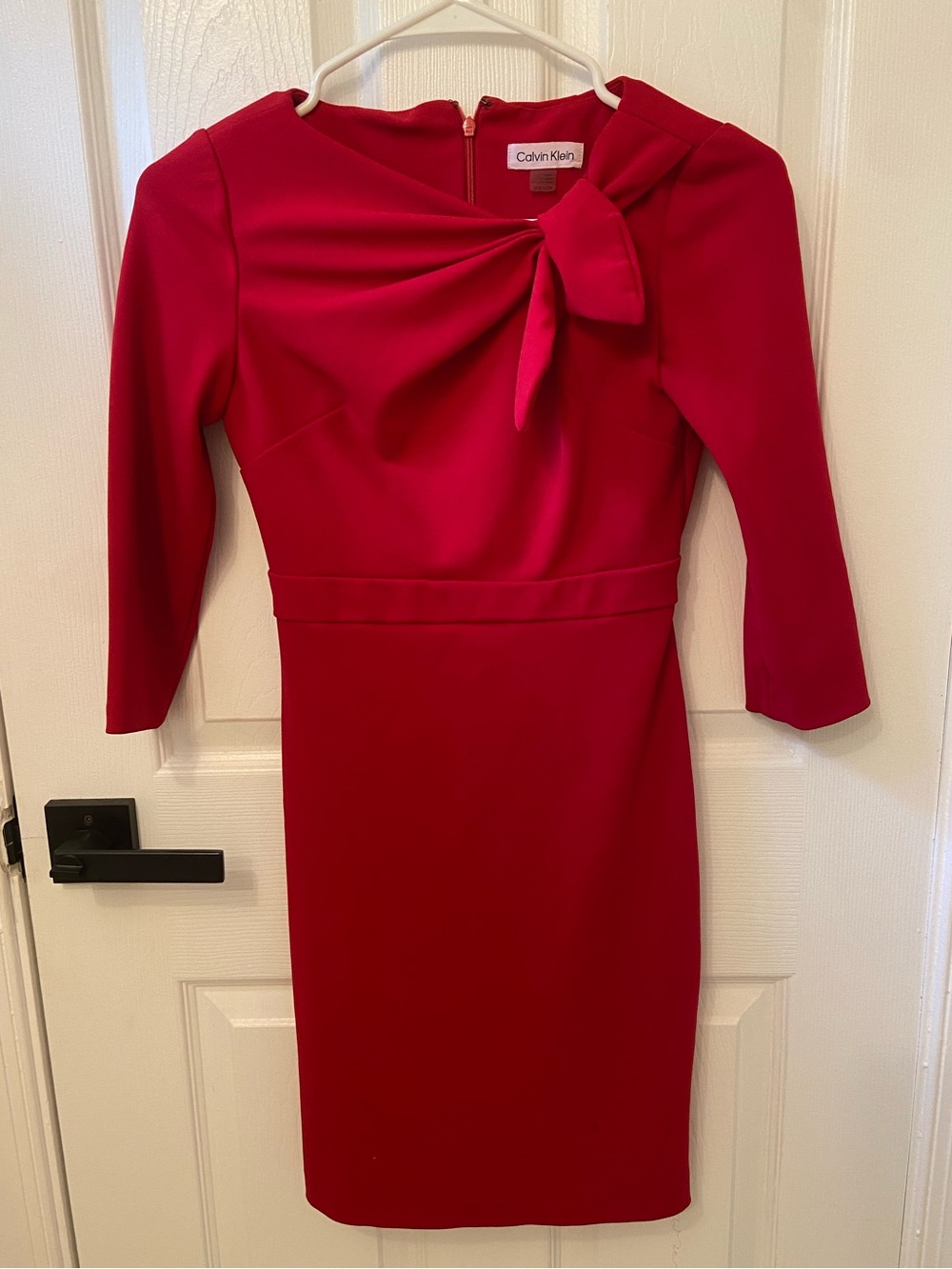 Calvin Klein Red Long-Sleeve Sheath Dress with Neck Bow